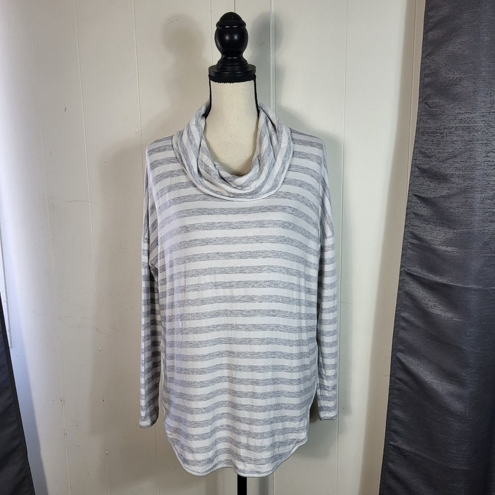 LOU AND GREY White Gray Stiped Loose Fit Funnel Neck Tunic Knit Top Size Medium